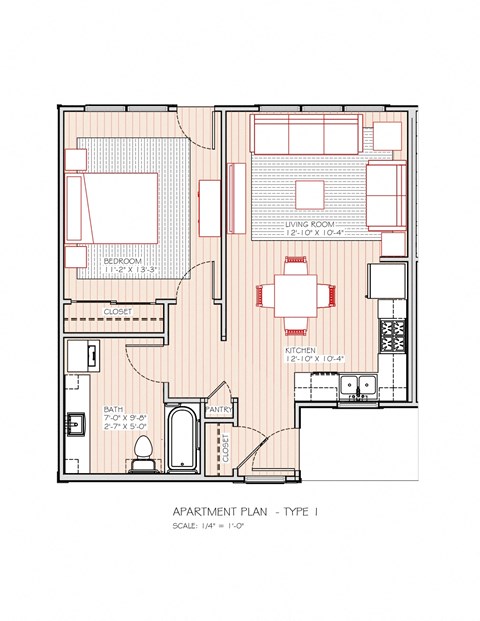 Floor plan for 1 bed, 1 bath, 650 sqft
